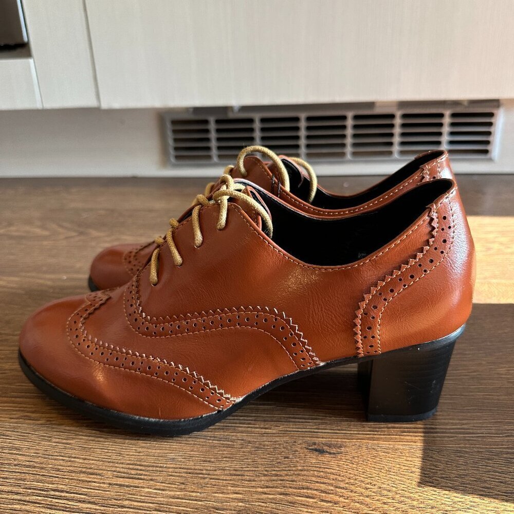 BNIB Odema Brown Brogue Lace Up‎ Oxford Tip Chunky Heels Leather Shoes - Size 8 - Picture 4 of 9